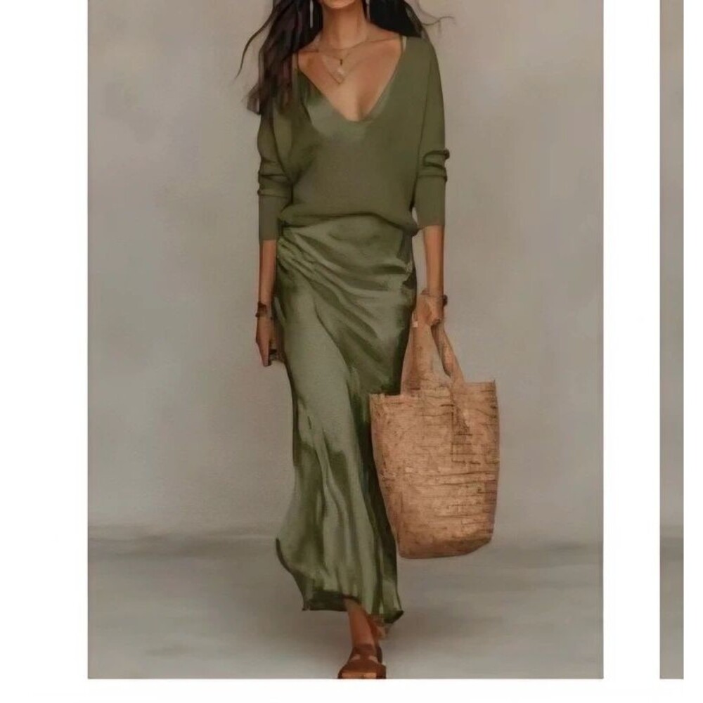 Olive green satin-like sheath dress with pullover